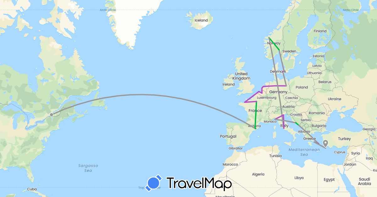 TravelMap itinerary: driving, bus, plane, train in Belgium, Canada, Germany, Denmark, Spain, France, Greece, Croatia, Italy, Netherlands, Norway (Europe, North America)